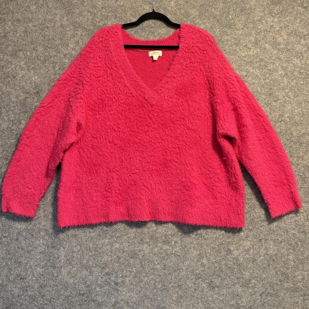 Maeve Anthropologie Sweater Womens XL Pink Merino Wool Oversize V Neck Fuzzy